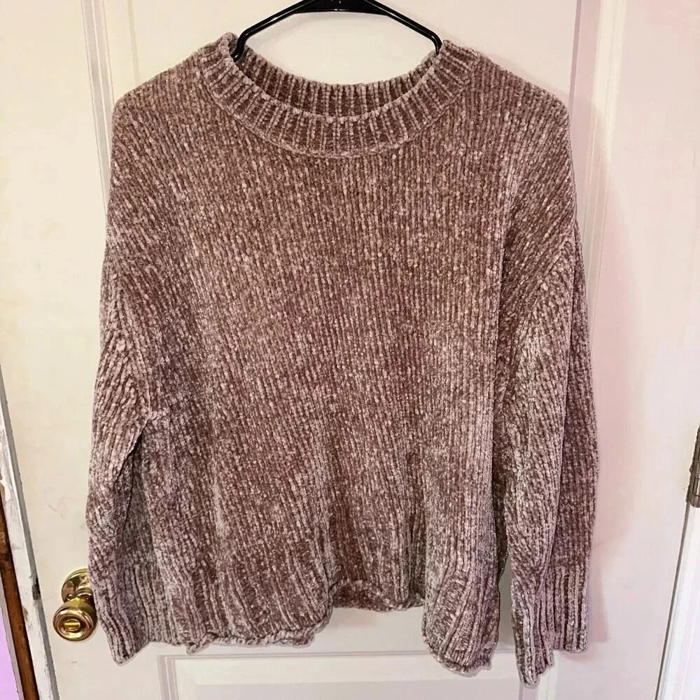 Cynthia Rowley Chenille Mock Neck Sweater 3/4 Sleeve Tan Chunky Soft Ribbed Sz L